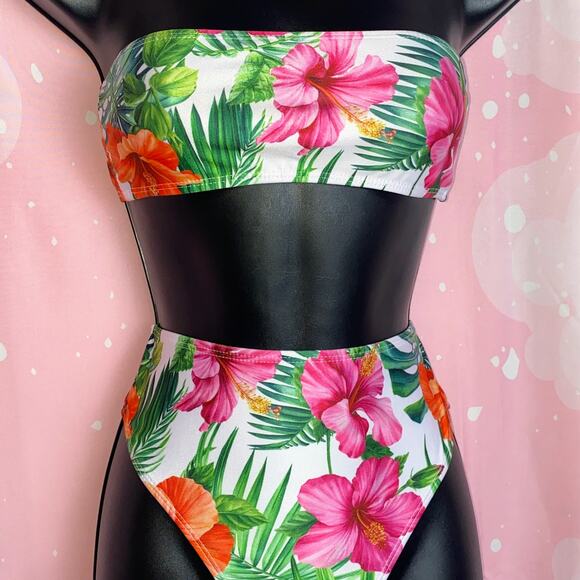 New Small Tropical Retro Floral High‎ Rise Strapless Bandeau Swimsuit Bikini - Picture 5 of 6